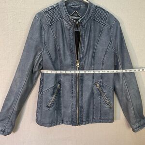 Point Zero Outerwear Collection Blue Faux Leather Moto Jacket—X-Large women’s A+